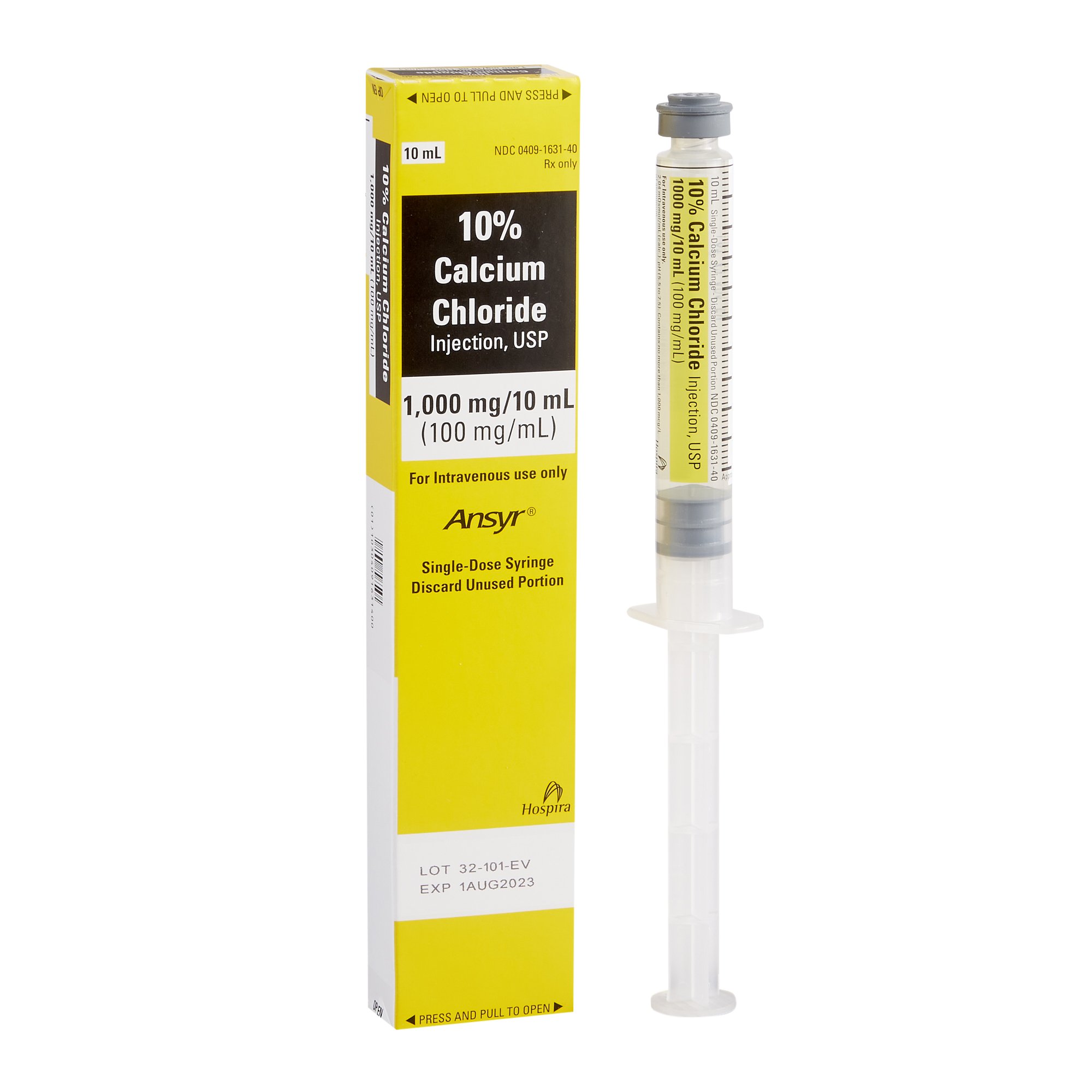 Calcium Chloride Replacement Preparation Calcium Chloride, Preservative Free 10%, 100 mg / mL Injection Prefilled Syringe 10 mL by Pfizer USPG Hospira Worldwide, Inc.  ID 00409-1631-10